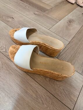 Stuart Weitzman White Cork Platform Slides